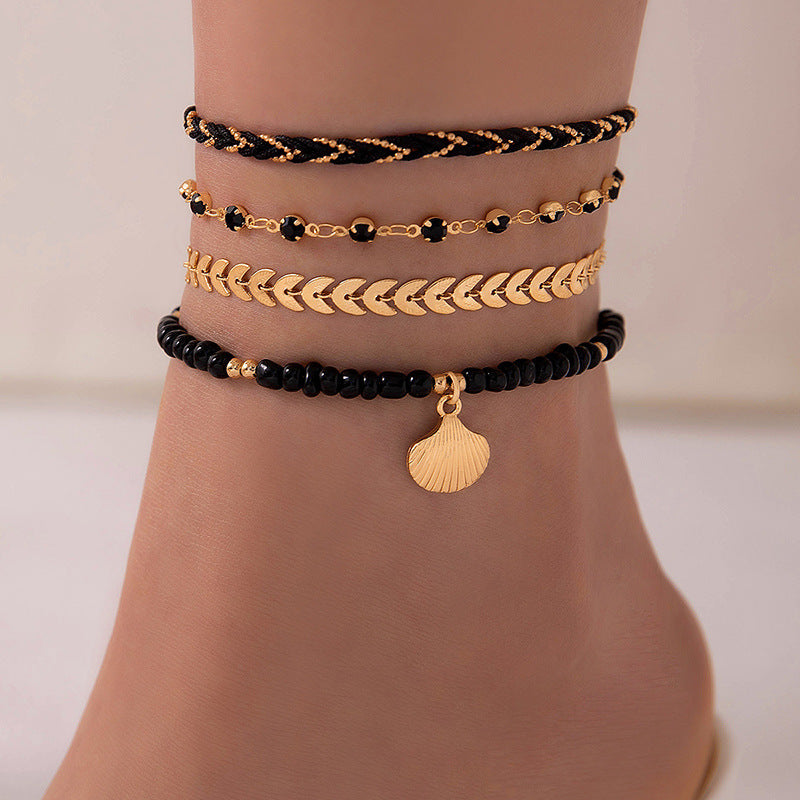 4pcs Bohemian Woven Rope Anklet Set Geometric Alloy Black Beads Foot Chain Summer Fashion Jewelry for Men & Women Dropping Oil Decor