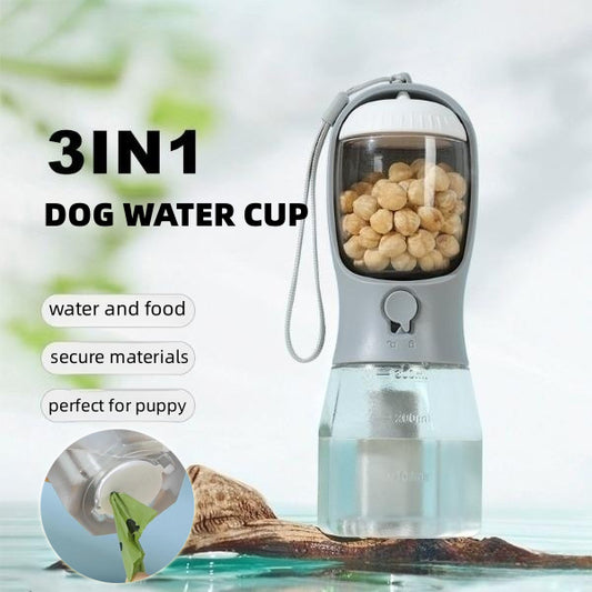 3-in-1 Portable Dog Water Bottle & Feeder Multi-functional Pet Cup with Drinking Trough, Food Dispenser, and Garbage Bag Holder