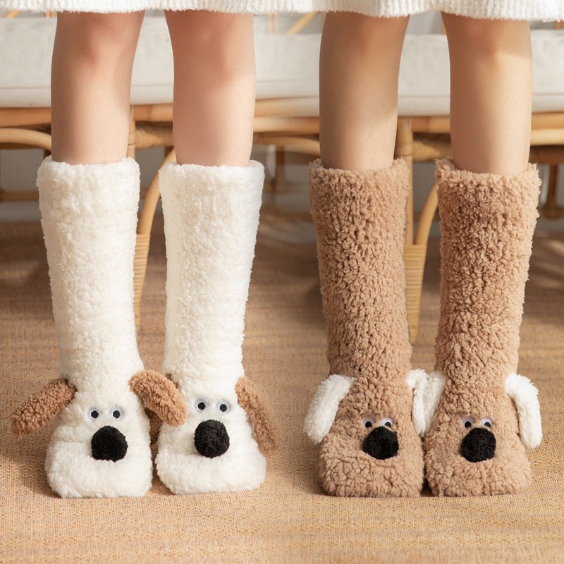 Winter Warm Cartoon Dog Socks for Women Non-slip Floor Slipper Socks Cute Plush Cozy Home Wear