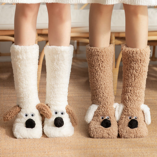 Winter Warm Cartoon Dog Socks for Women Non-slip Floor Slipper Socks Cute Plush Cozy Home Wear