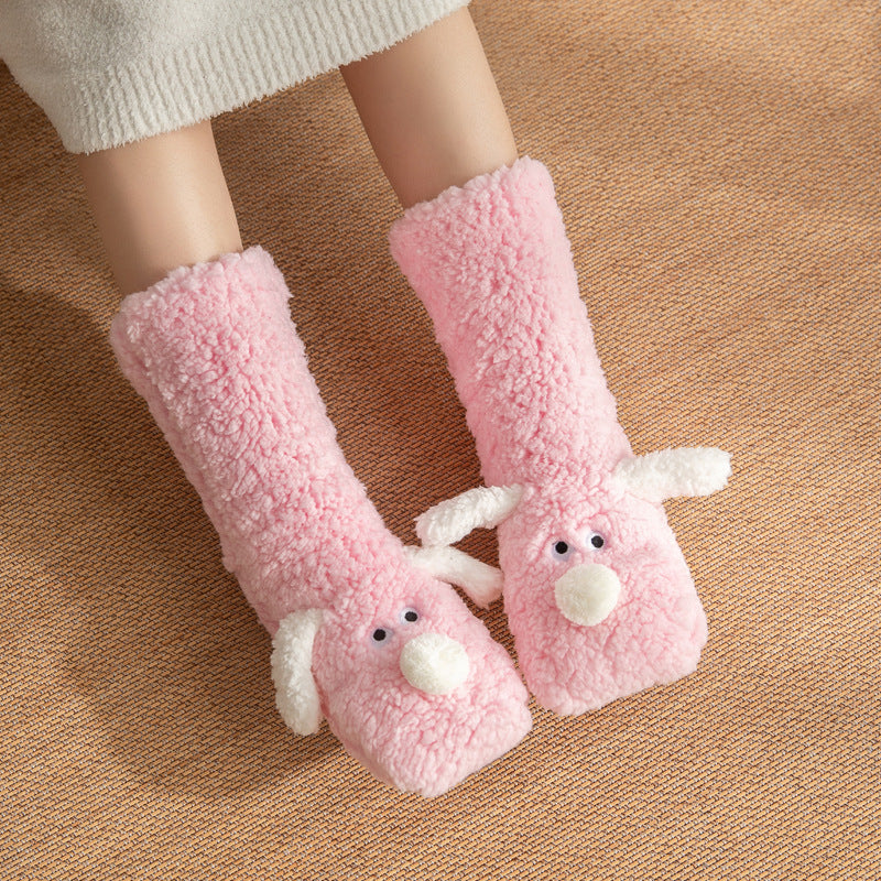 Winter Warm Cartoon Dog Socks for Women Non-slip Floor Slipper Socks Cute Plush Cozy Home Wear