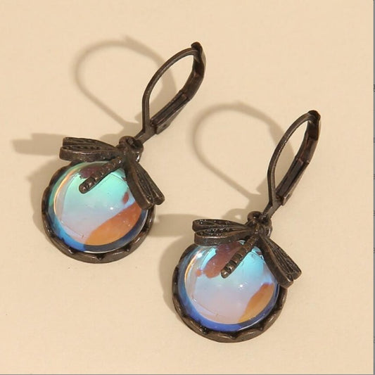 Vintage Dragonfly Drop Earrings Gold Color Metal Carving Multicolour Moonstone Inlaid Fashion Statement Jewelry for Women