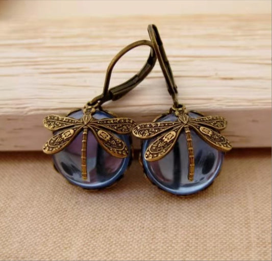 Vintage Dragonfly Drop Earrings Gold Color Metal Carving Multicolour Moonstone Inlaid Fashion Statement Jewelry for Women