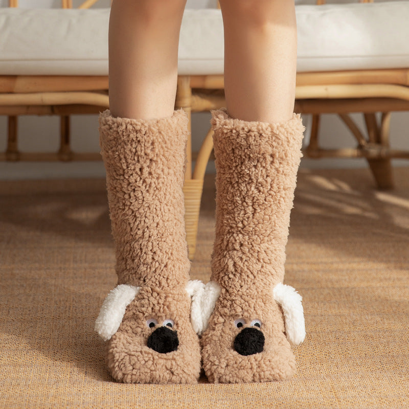 Winter Warm Cartoon Dog Socks for Women Non-slip Floor Slipper Socks Cute Plush Cozy Home Wear