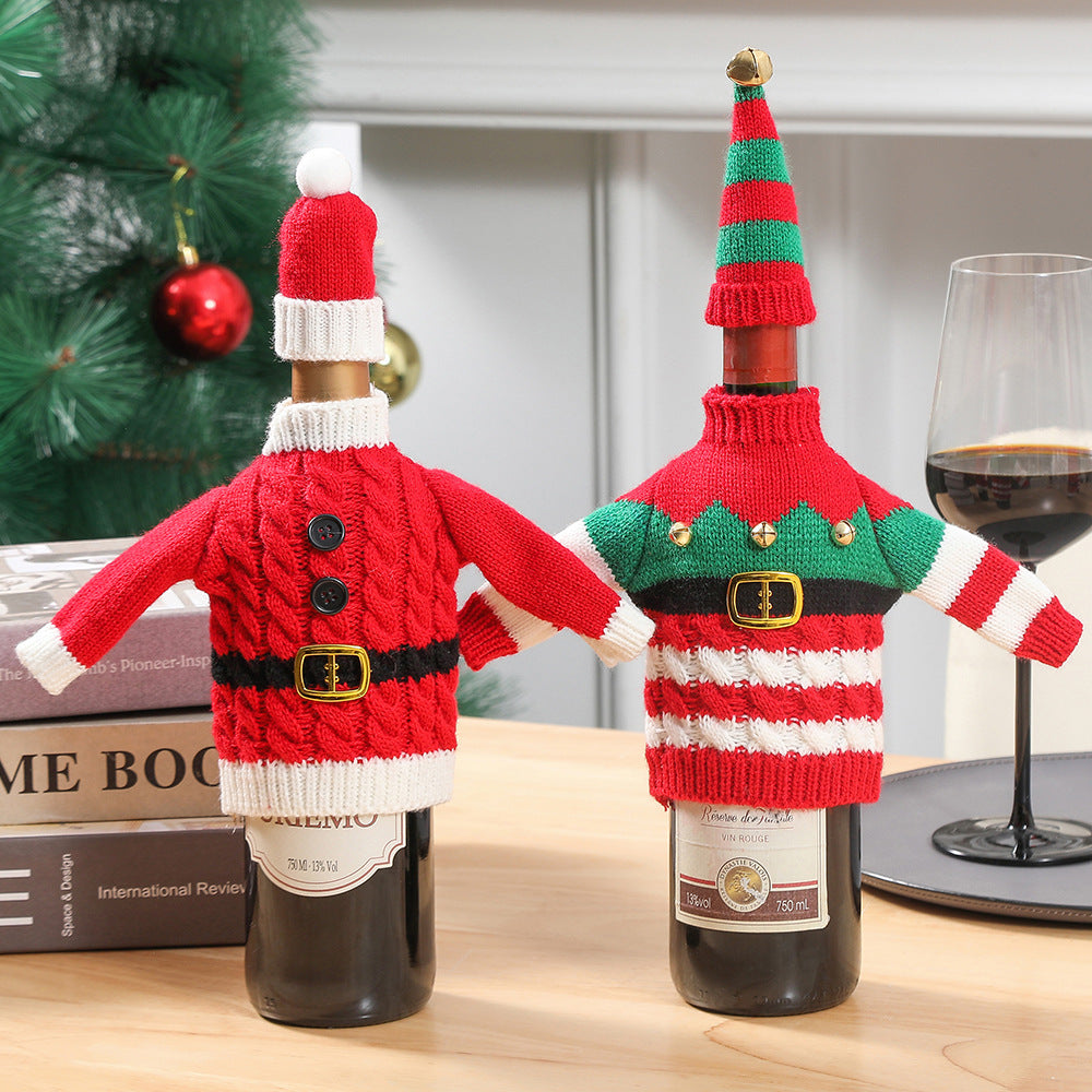 Knitted Christmas Wine Bottle Cover Holiday Decoration Sweater Xmas New Year Dinner Table Decor Santa & Elf Clothes