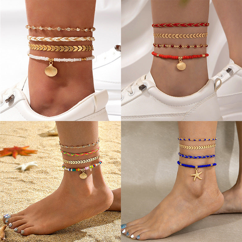 4pcs Bohemian Woven Rope Anklet Set Geometric Alloy Black Beads Foot Chain Summer Fashion Jewelry for Men & Women Dropping Oil Decor