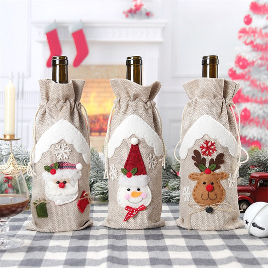 Christmas Linen Bottle Cover Festive Holiday Wine Decoration Reusable Xmas Table Supplies Gift Bag