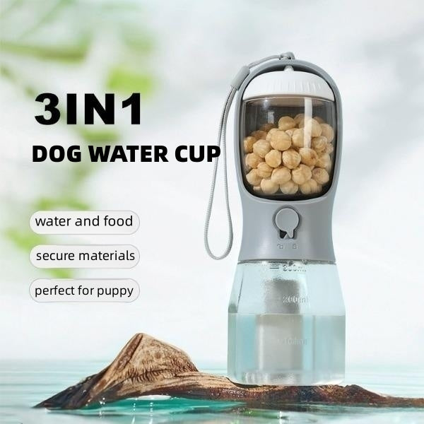 3-in-1 Portable Dog Water Bottle & Feeder Multi-functional Pet Cup with Drinking Trough, Food Dispenser, and Garbage Bag Holder