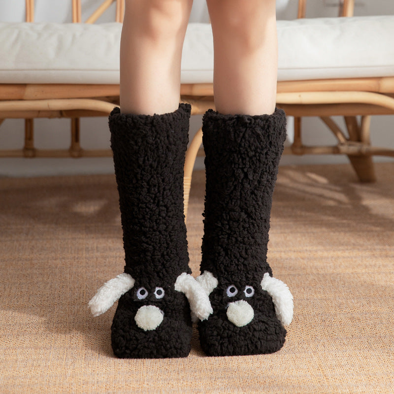 Winter Warm Cartoon Dog Socks for Women Non-slip Floor Slipper Socks Cute Plush Cozy Home Wear